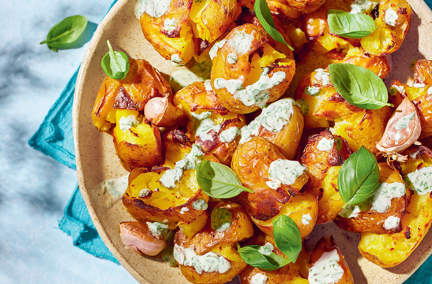 Smashed potatoes with roasted garlic dip