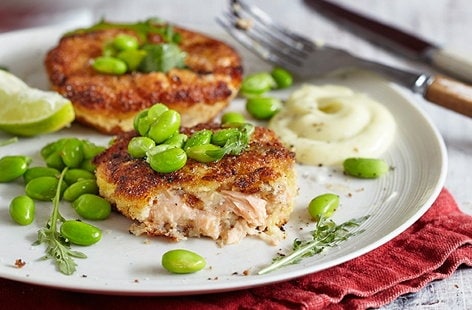 Image of "Miso and lime salmon fishcakes with wasabi mayo"