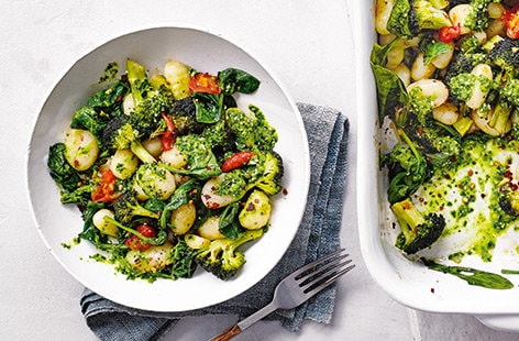 Image of "Roast gnocchi with veg and spinach pesto"