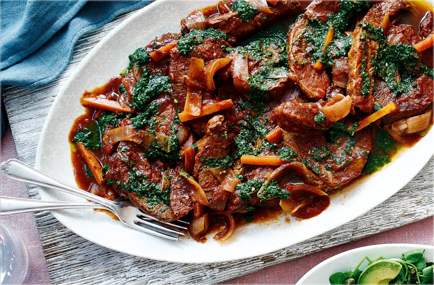Slow-cooked brisket with green salsa
