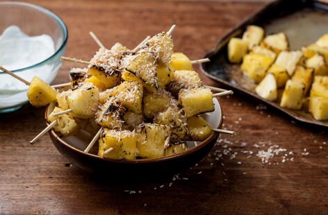 Image of "William Drabble’s pineapple kebabs with lime crème fraîche and toasted coconut"