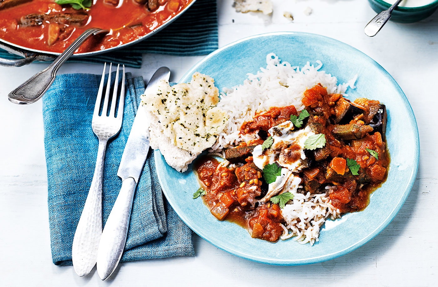Aubergine, okra and tomato curry