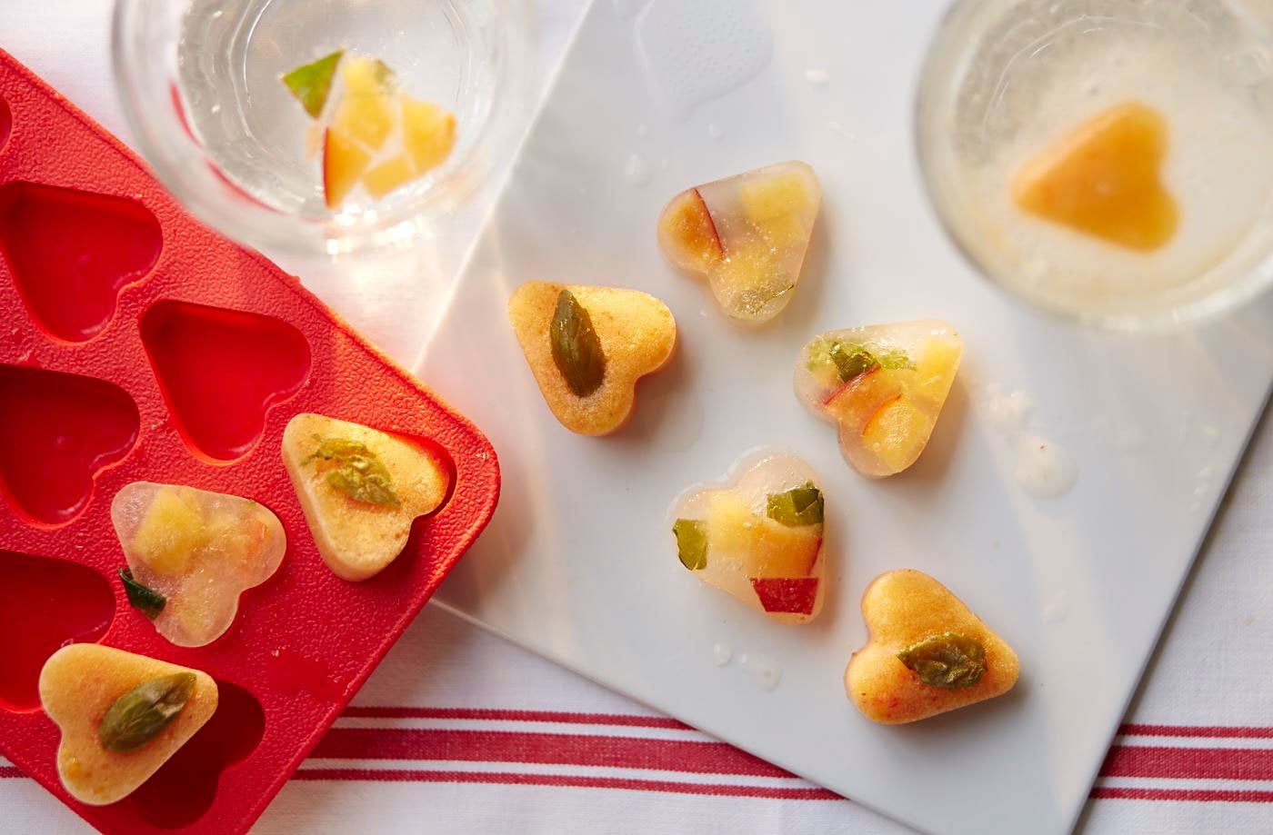 Peach, lime and basil-infused ice cubes