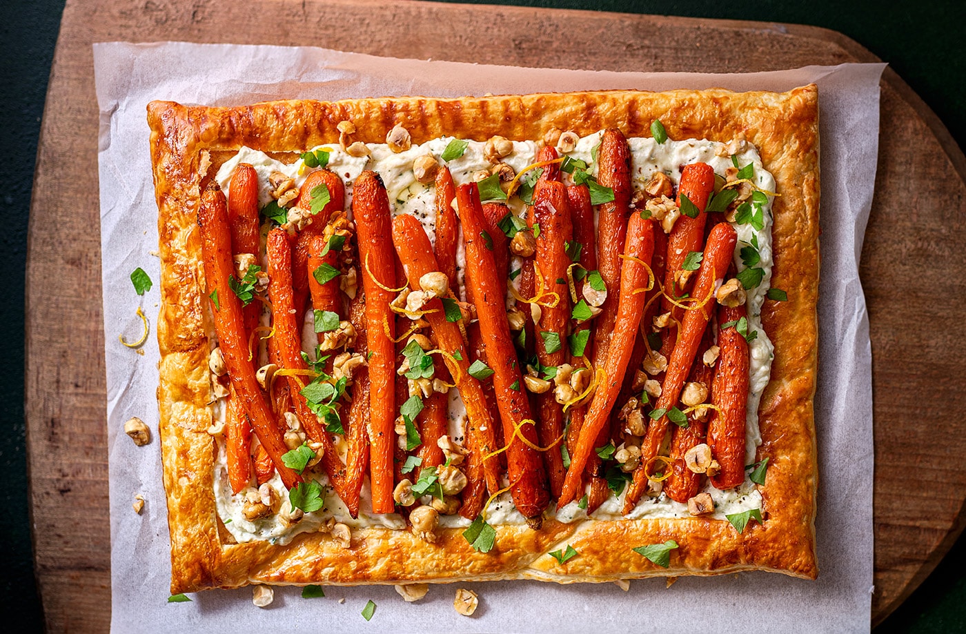 Honey-roasted carrot and whipped feta tart