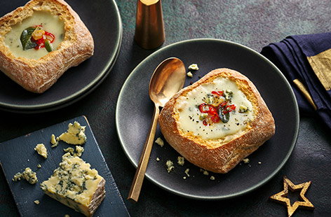 Image of "Cheese, potato and onion soup with crispy sage"