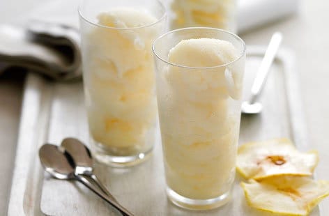 Bramley sorbet with apple crisps