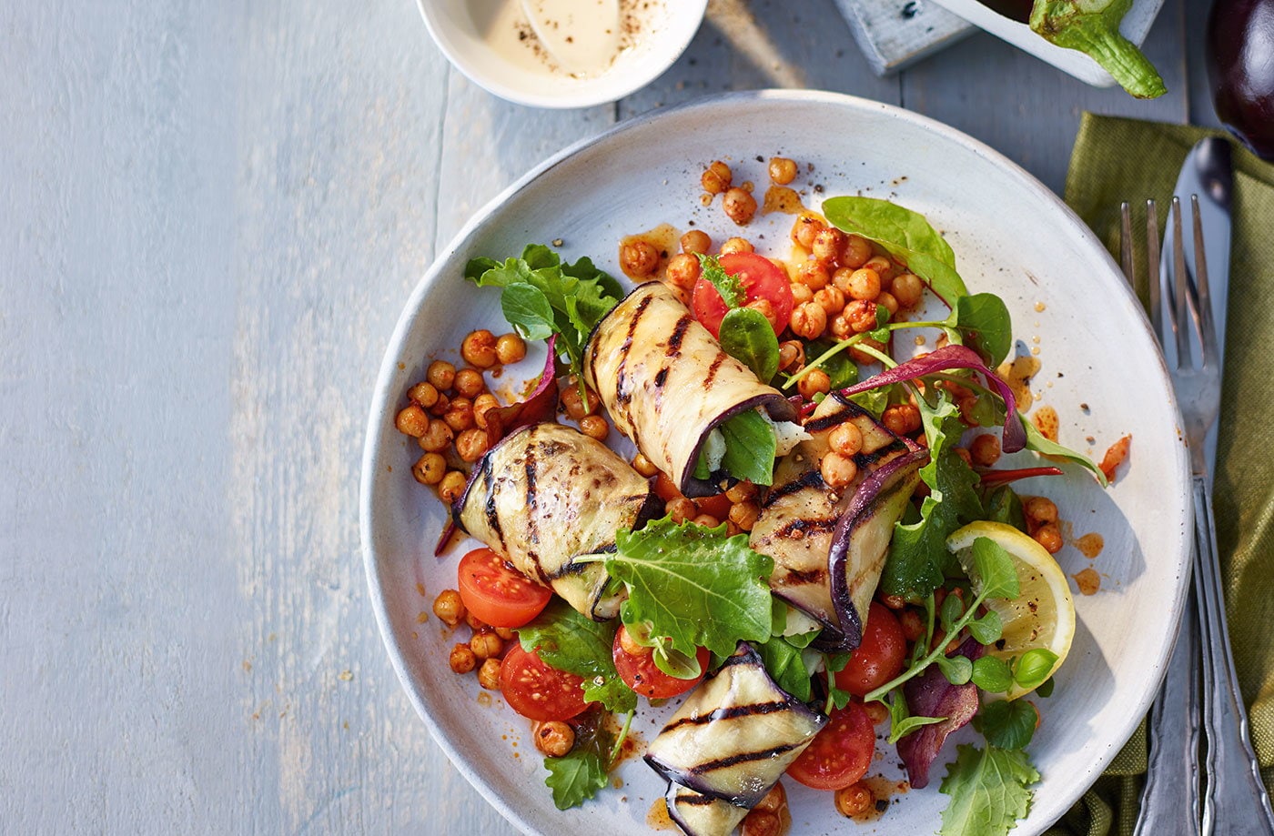 Aubergine and halloumi rolls with chickpea salad