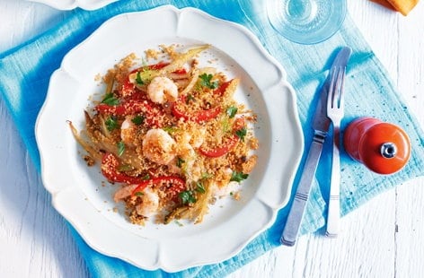 Image of "Prawns with paprika couscous and garlic sauce"
