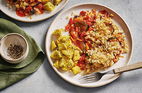 Image of "Ratatouille 'crumble' with pesto potatoes"