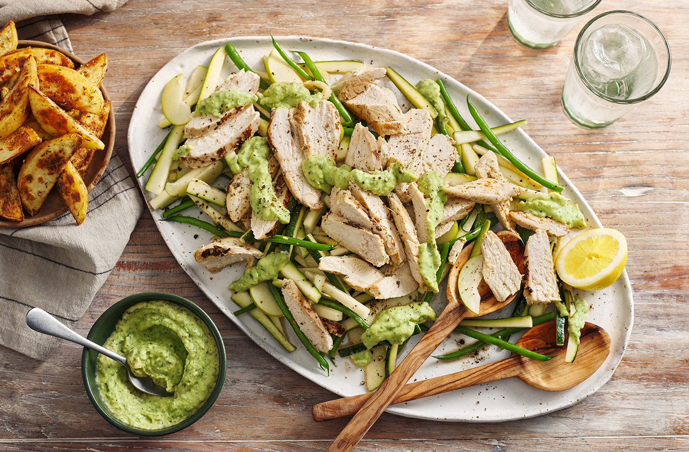 Dina’s gyros-style chicken salad with roasted courgette dip