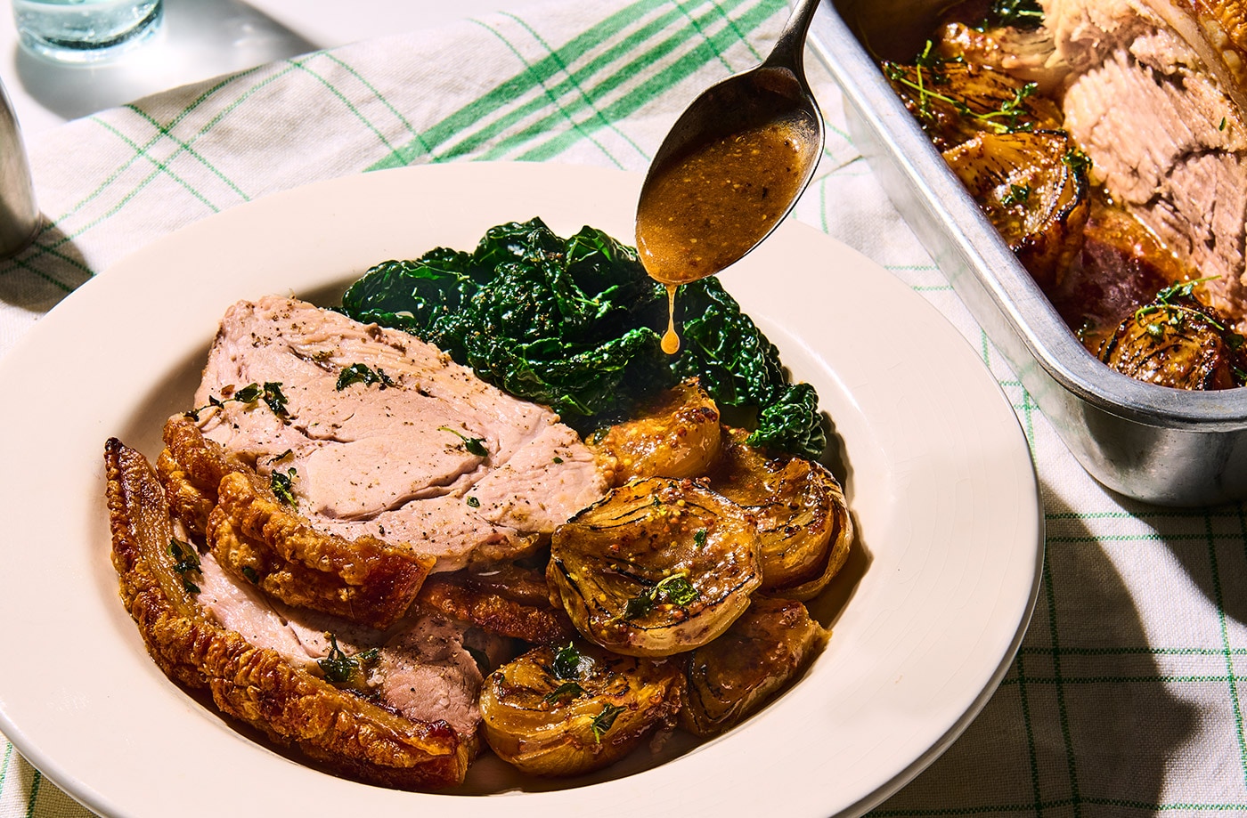 Salt and vinegar roast pork with honey mustard onions