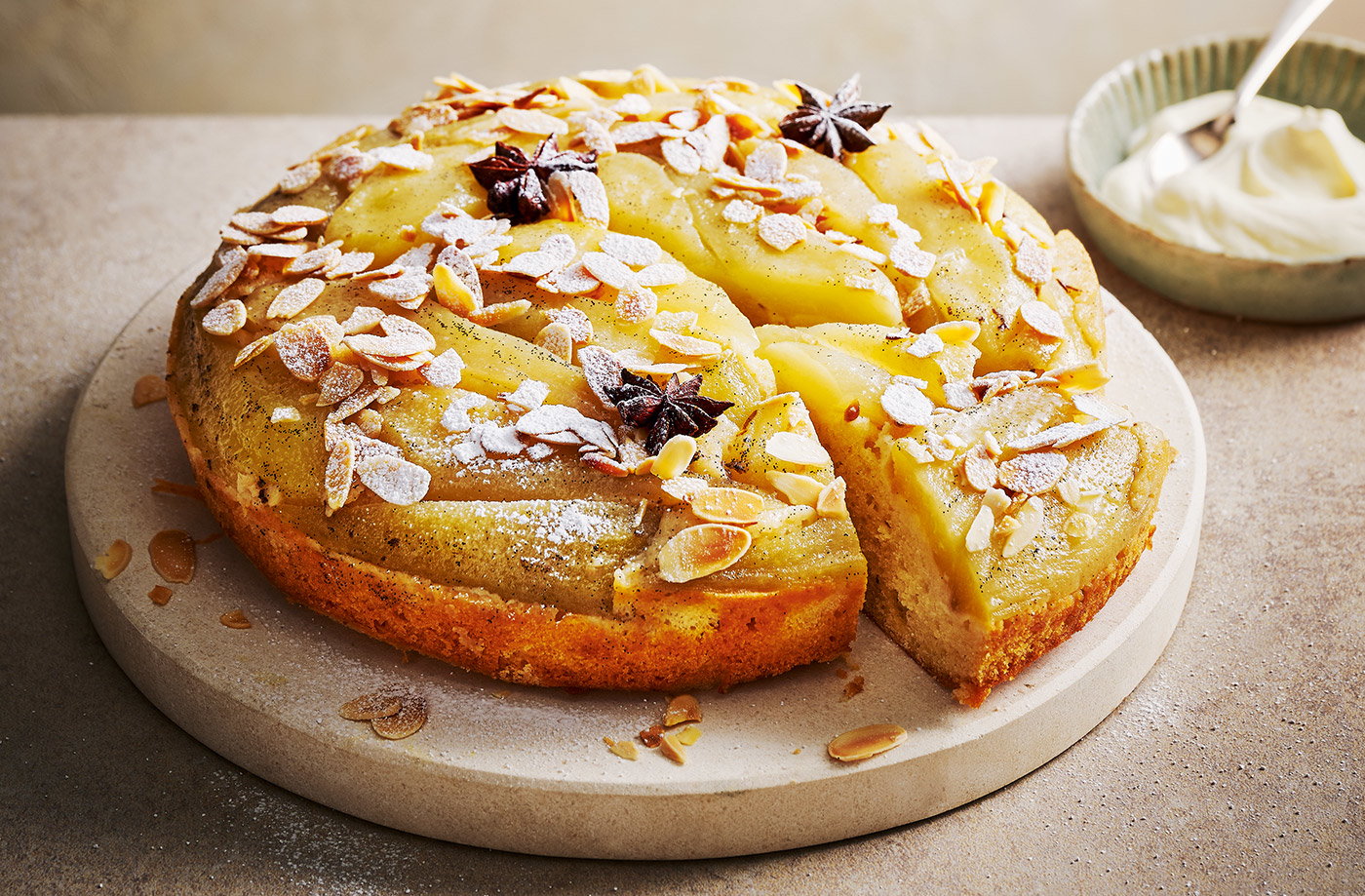 Poached pear upside-down cake