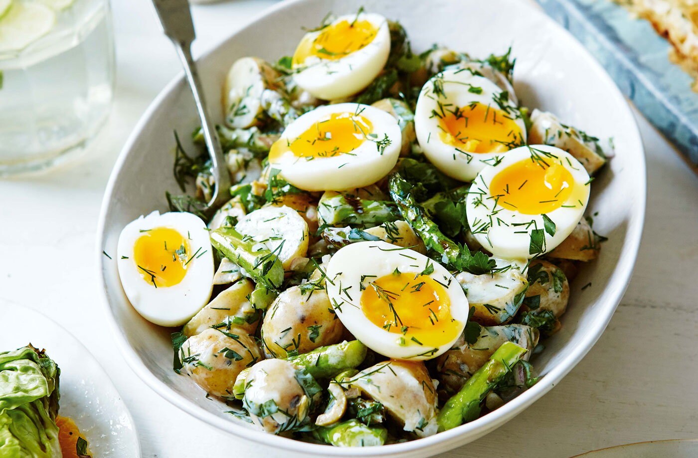 New potato salad with griddled asparagus and soft boiled eggs