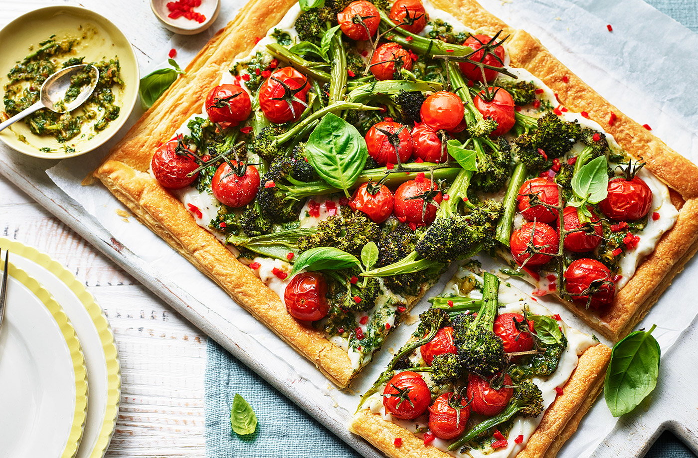 Purple sprouting broccoli tart