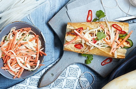 Image of "Barbecue chicken baguette with mooli and carrot slaw"