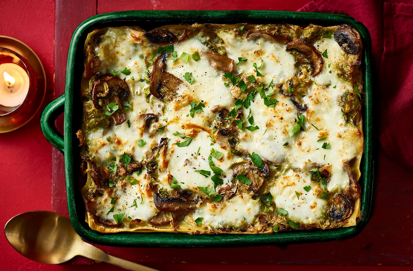 Creamy sprout and mushroom lasagne