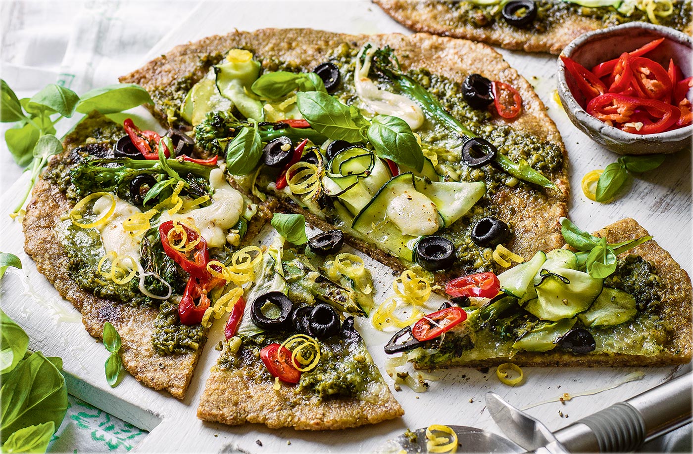 Courgette and broccoli wholemeal pizzas