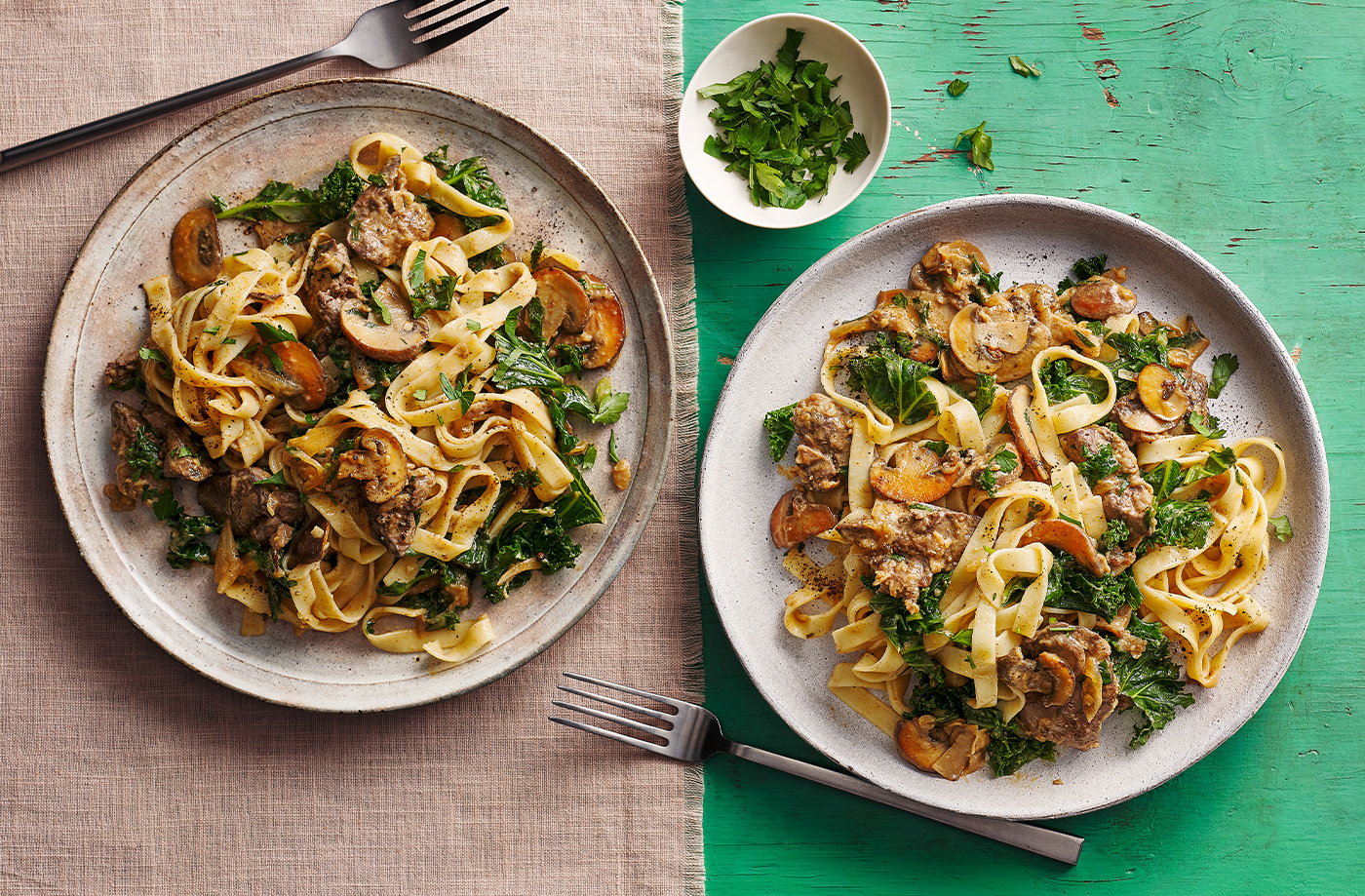 Creamy chicken liver and kale tagliatelle