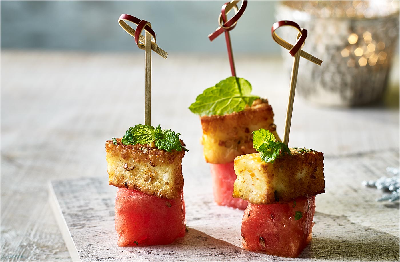 Dukkah-crusted halloumi and watermelon skewers