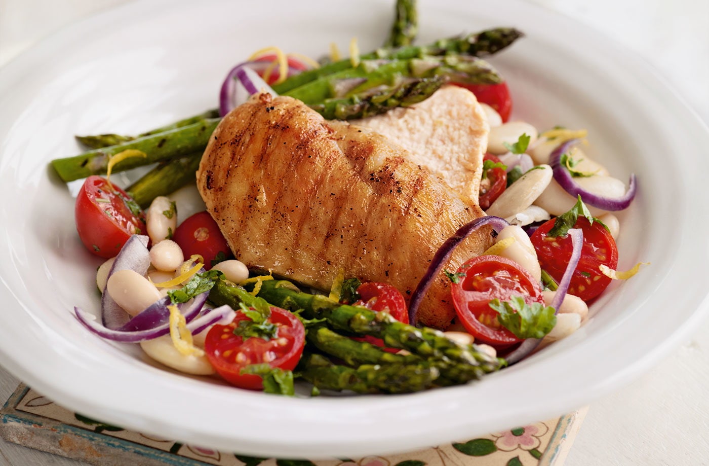 Griddled chicken and asparagus with white bean salad