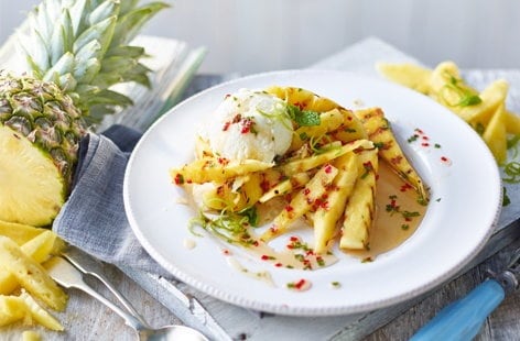 Image of "Sticky chilli pineapple with piña colada ice cream"