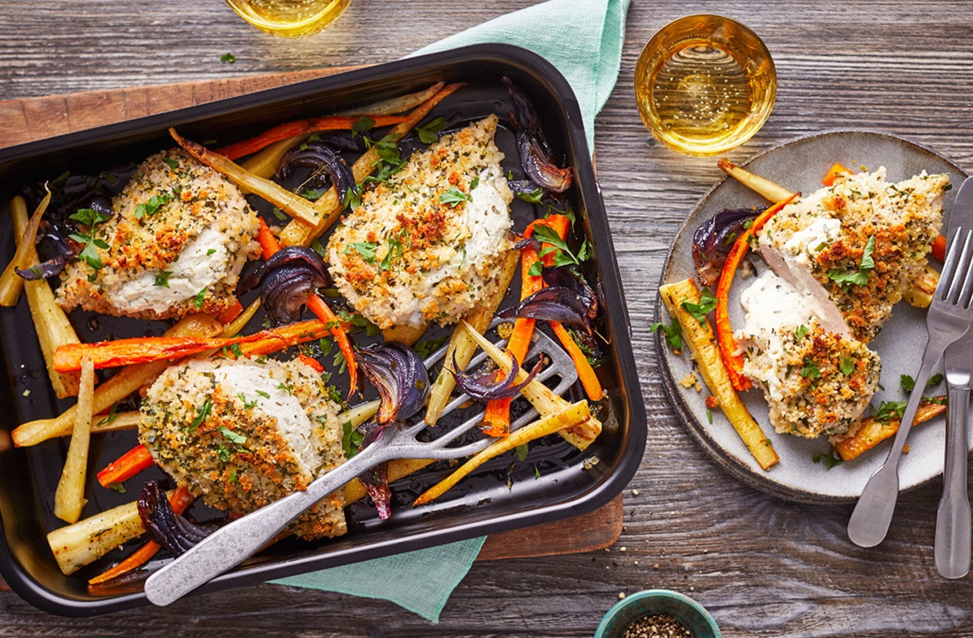 Cheat's chicken Kiev traybake