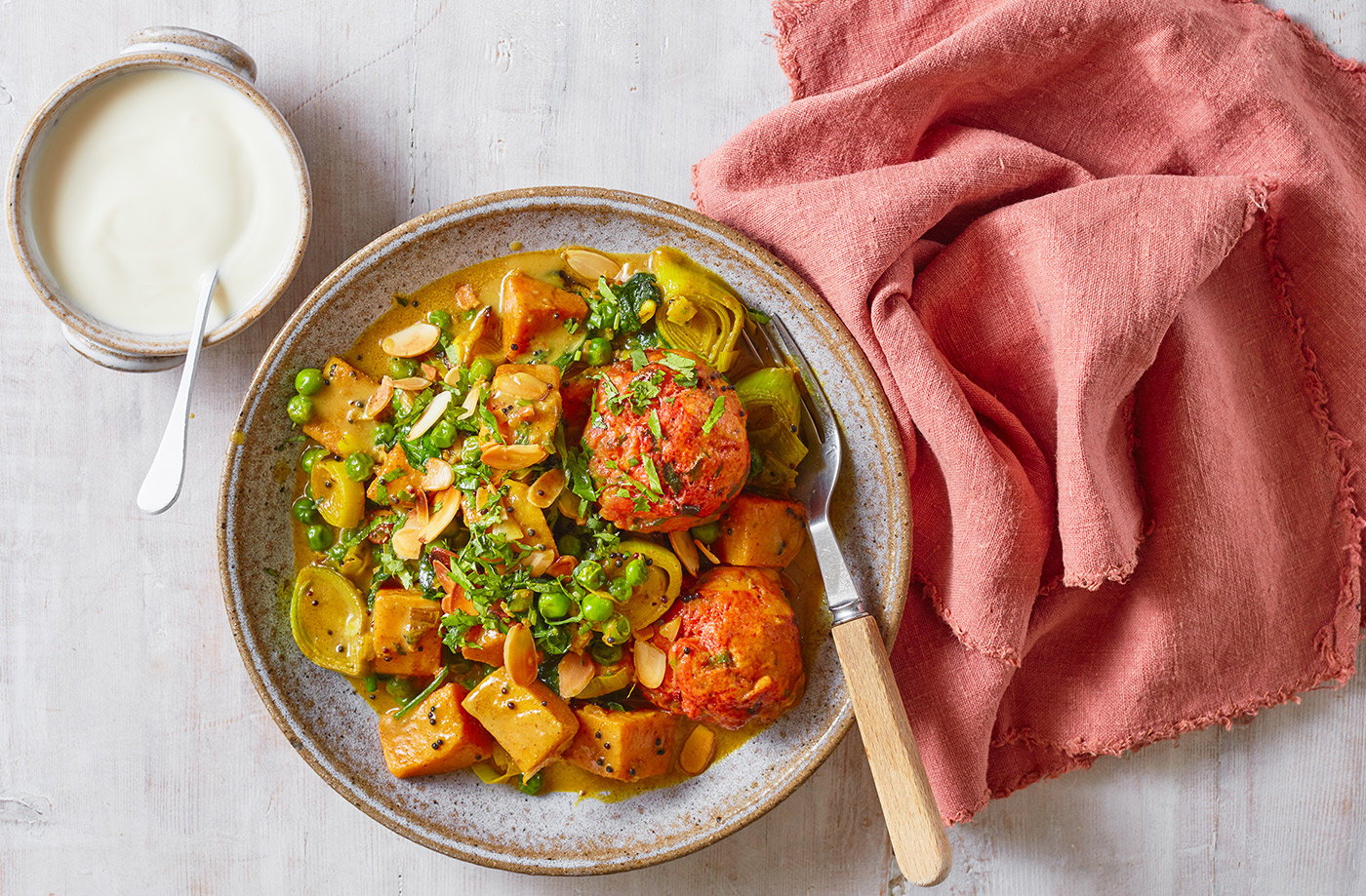 Leek, pea and sweet potato curry with dumplings