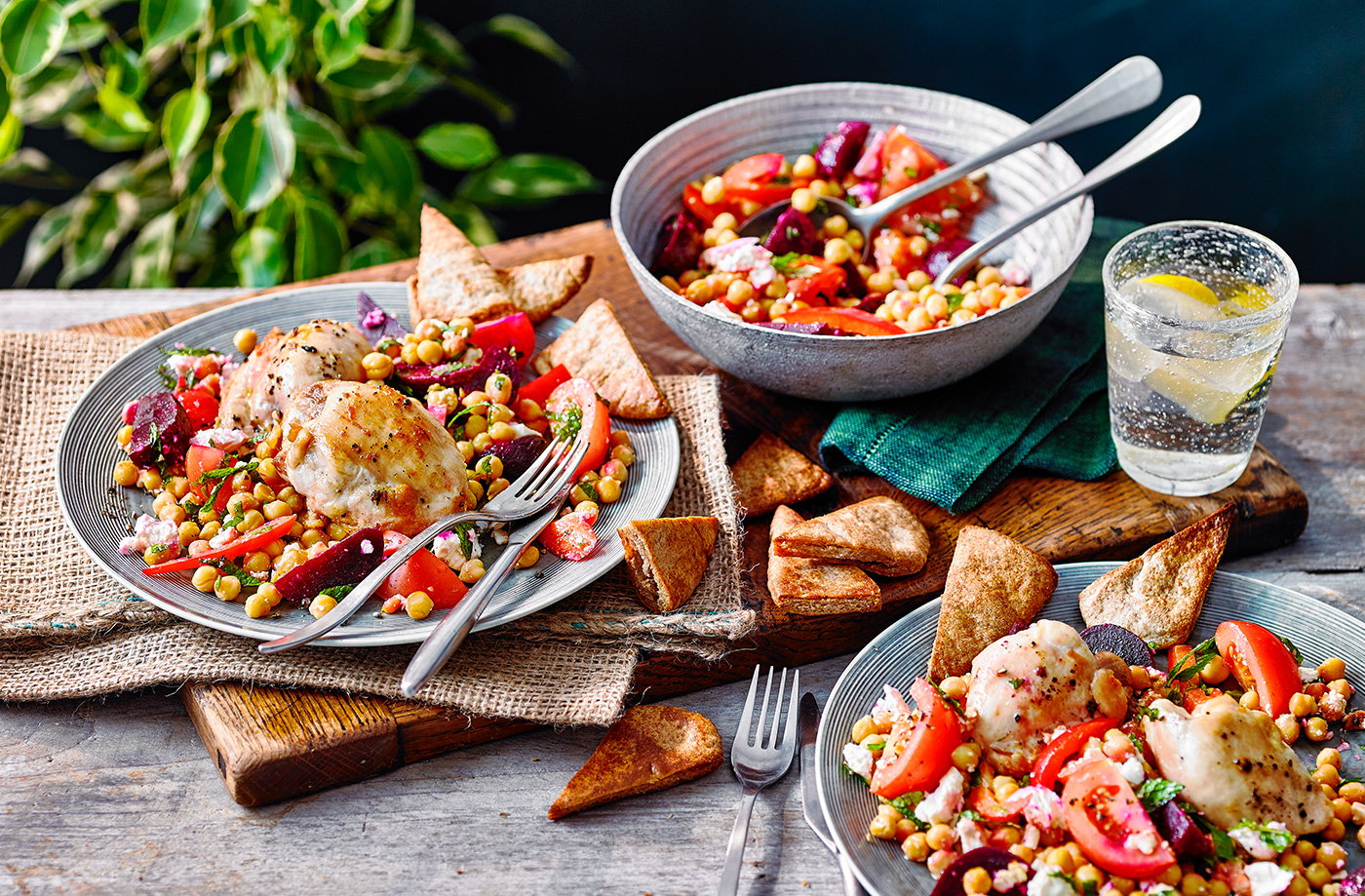 Crispy roast chicken thighs with beetroot and chickpea salad