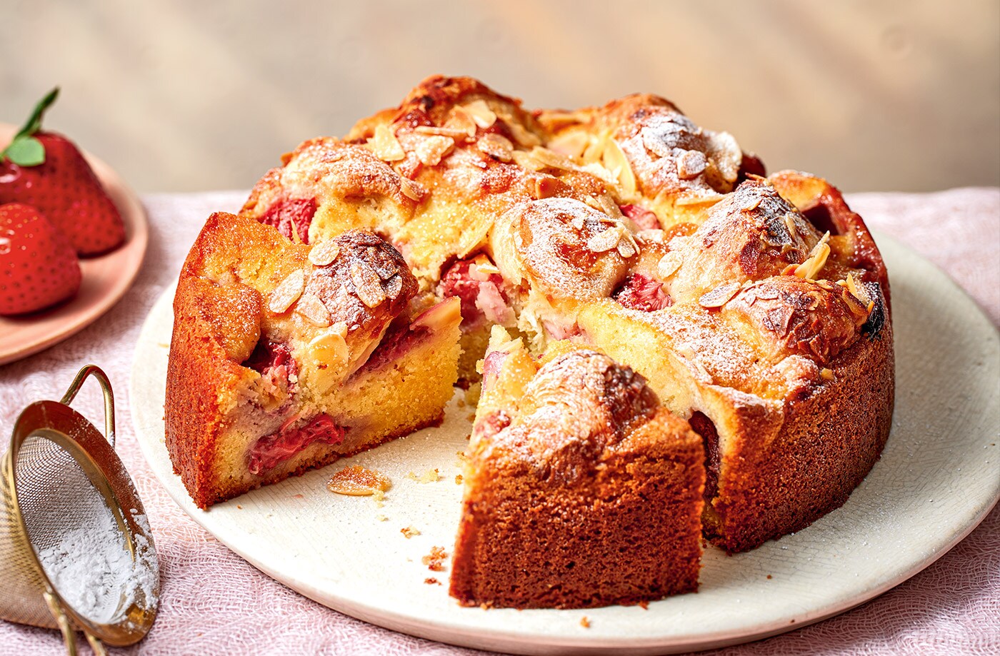 Strawberry and almond croissant cake