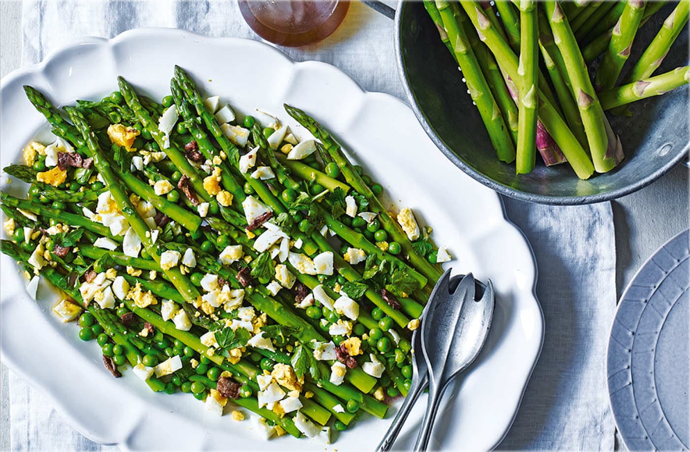 Asparagus and peas with anchovy dressing