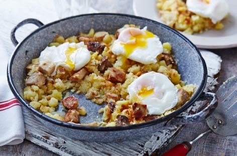 Image of "Leftover pork and potato hash with poached eggs"
