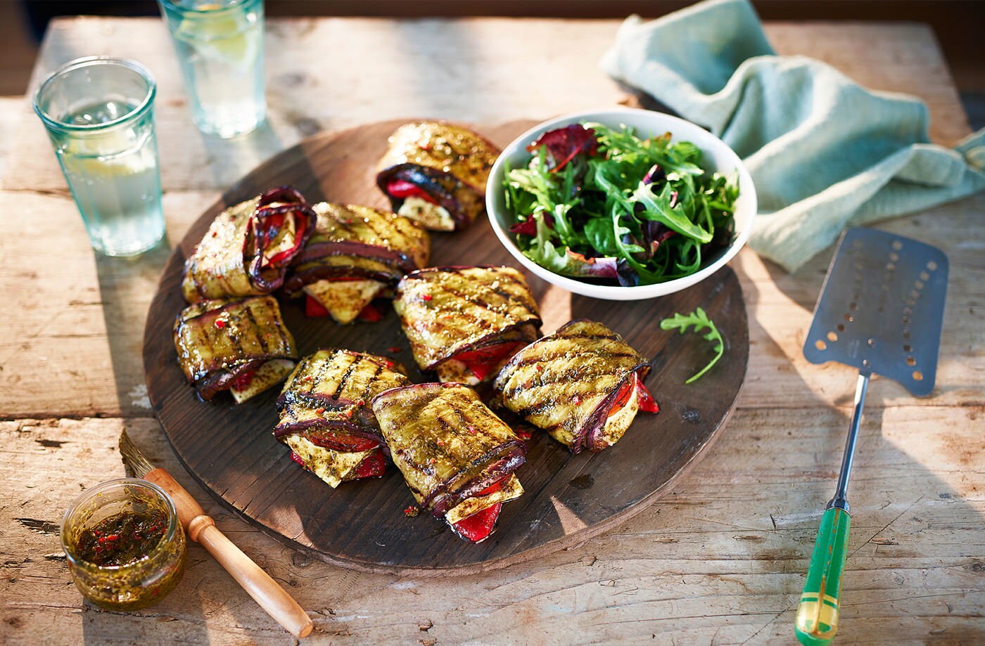 Aubergine, pepper and feta parcels