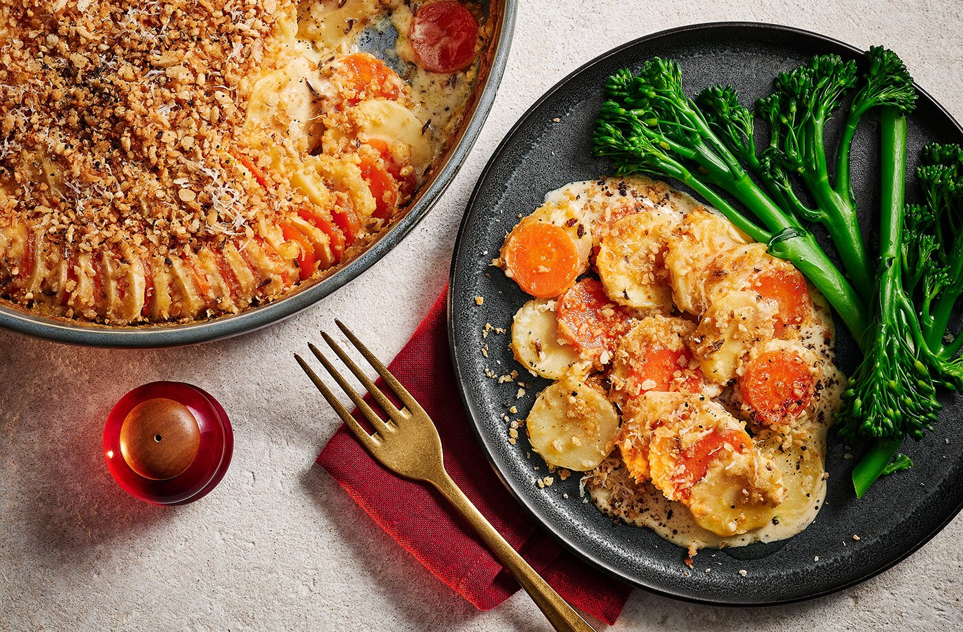 Jade Greenhalgh's parsnip, carrot and caraway gratin with hazelnut crumb