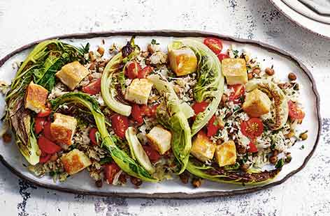 Image of "Cauliflower rice and halloumi lentil salad "