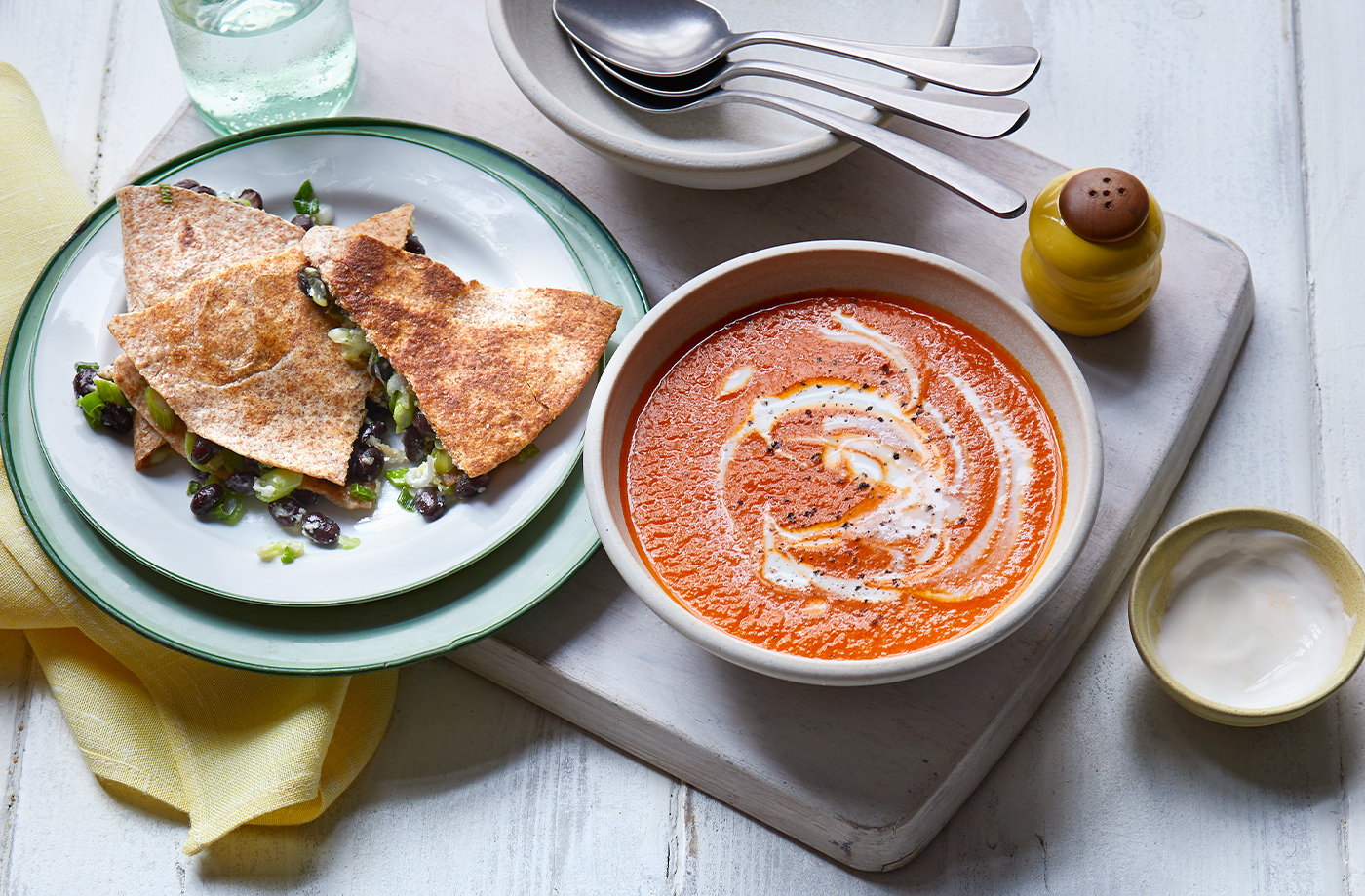 Spiced tomato soup with bean quesadillas