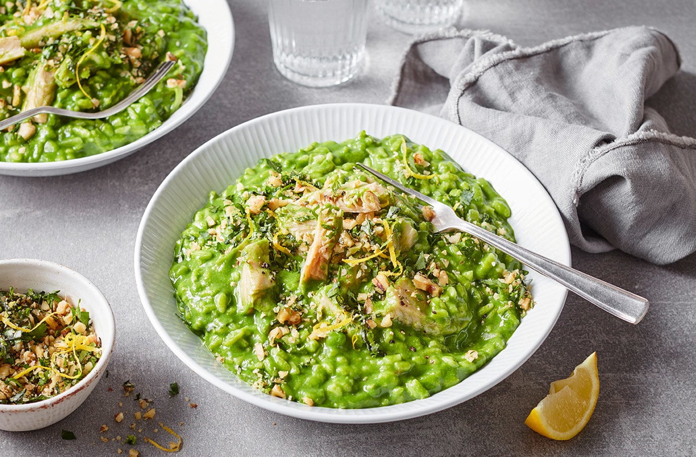 Green vegan 'chicken' risotto
