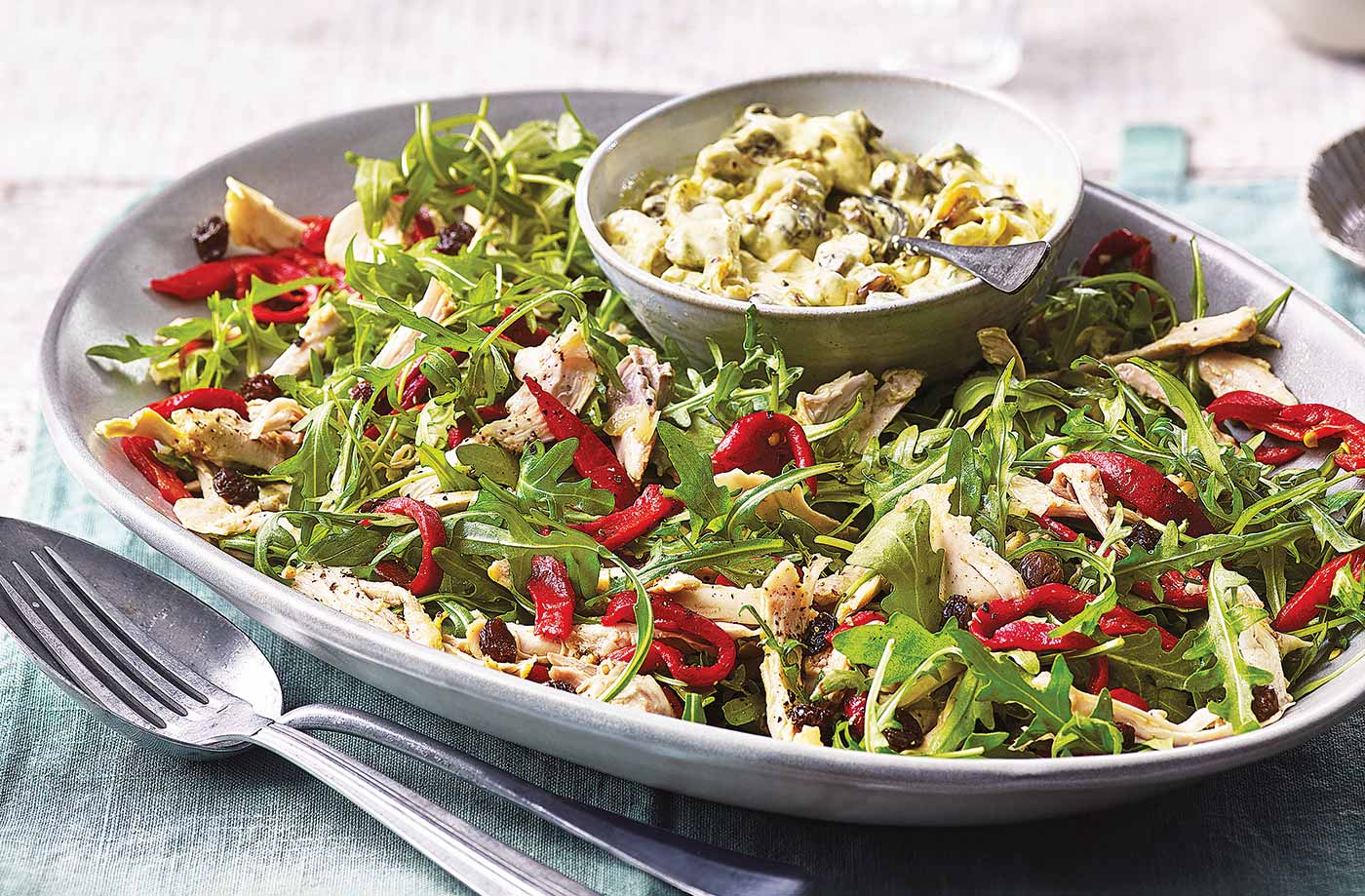 Roasted pepper and chicken salad with coronation dressing