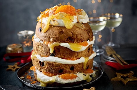 Image of "Clementine and almond panettone stack"
