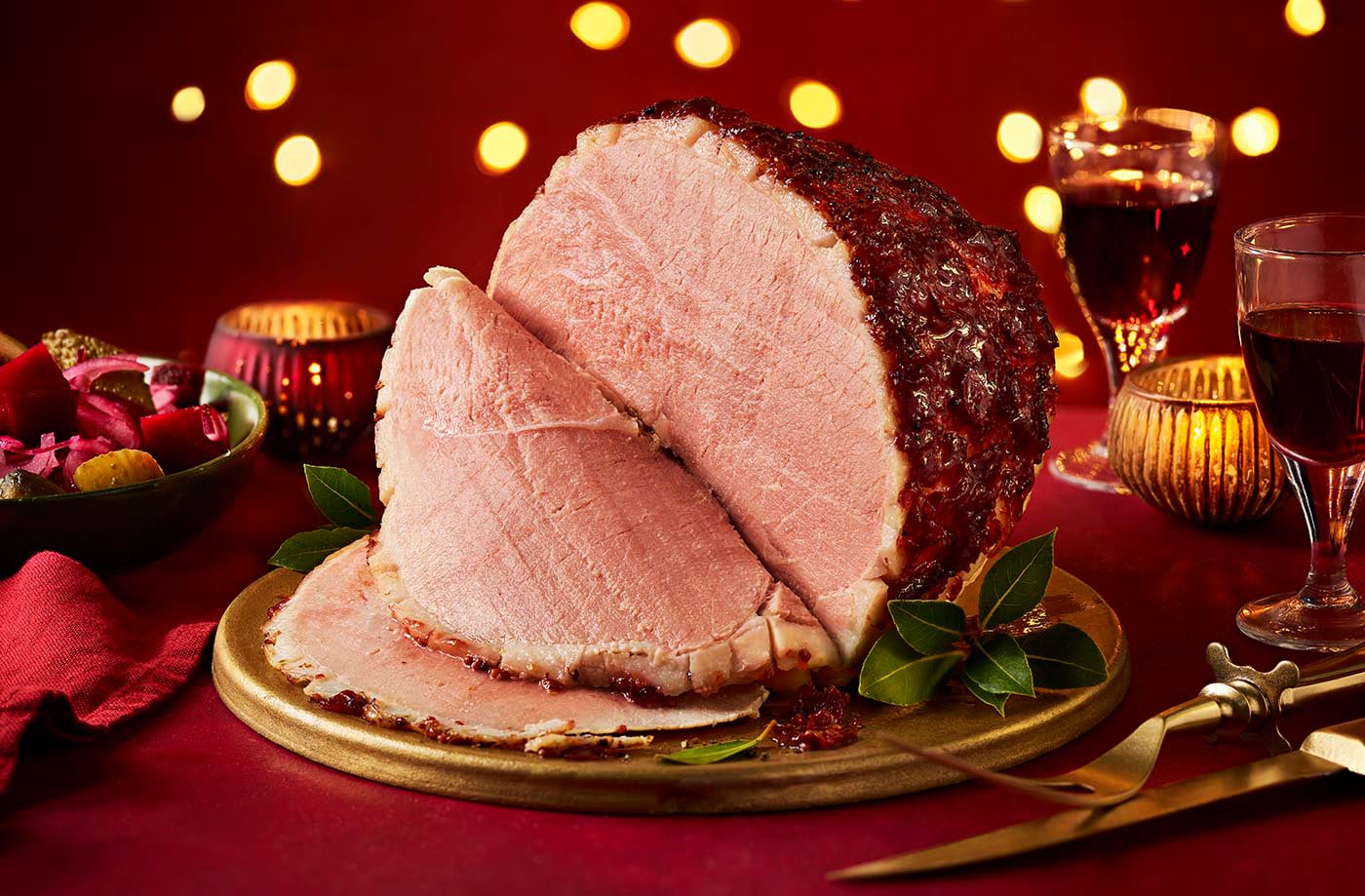 Cranberry and mustard glazed ham with chunky gherkin relish