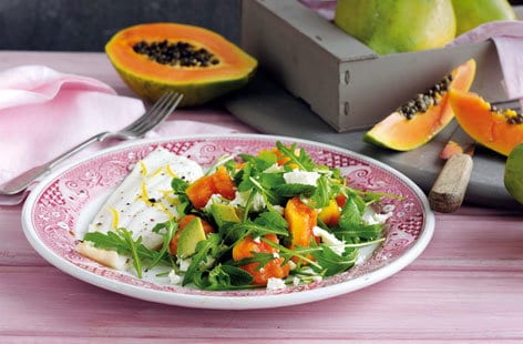 Image of "Baked plaice with papaya, feta and rocket salad"