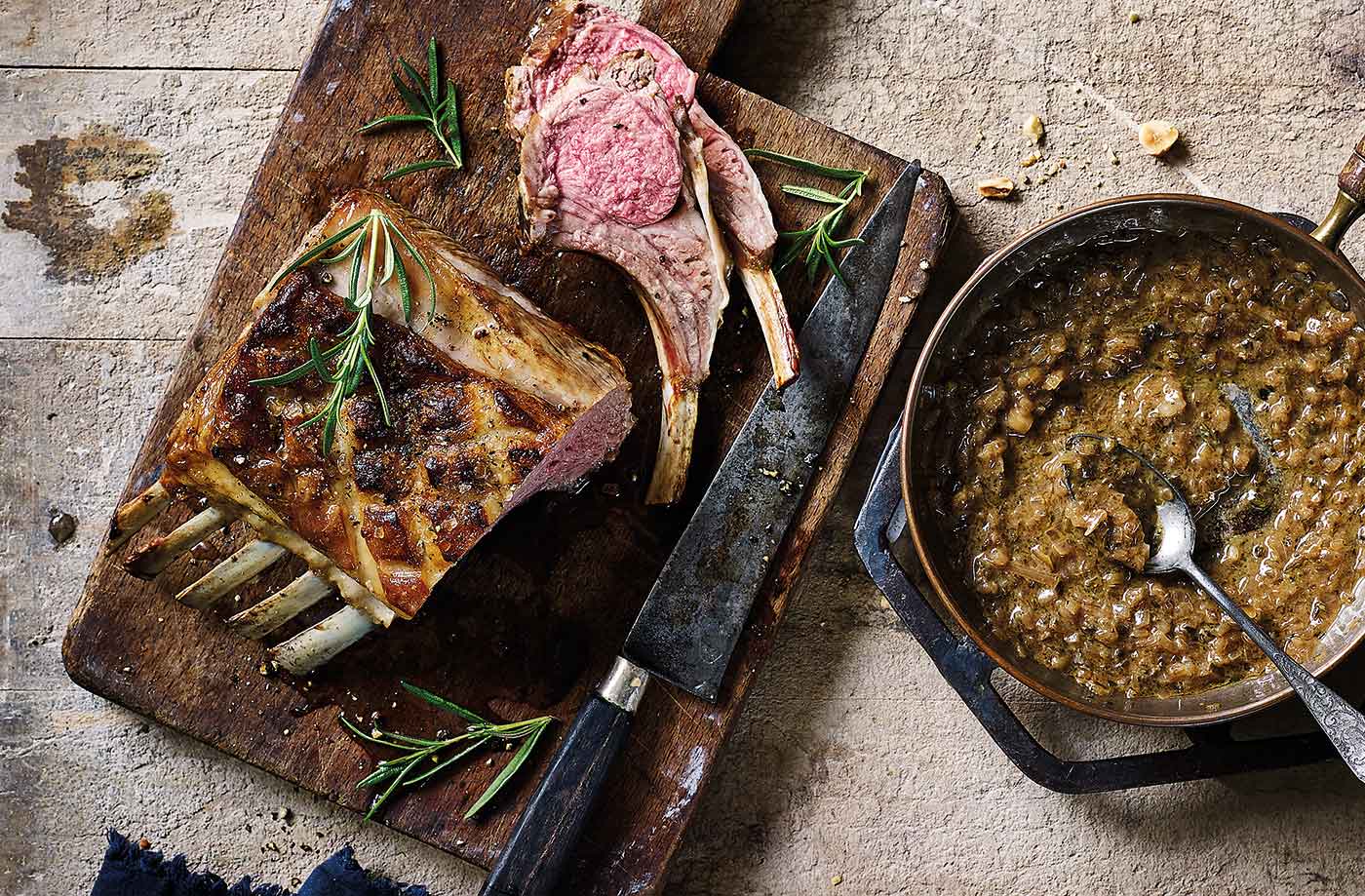Roast rack of lamb with shallot sauce