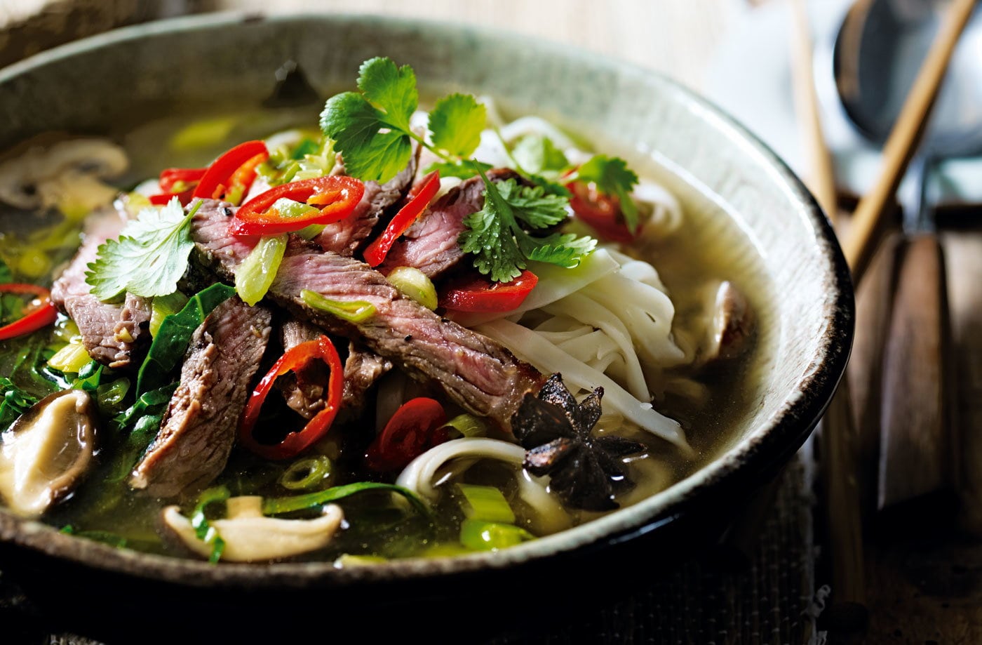Miso ramen with beef, mushrooms and greens