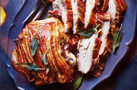Image of "Brined turkey thighs wrapped in bacon with crispy sage"