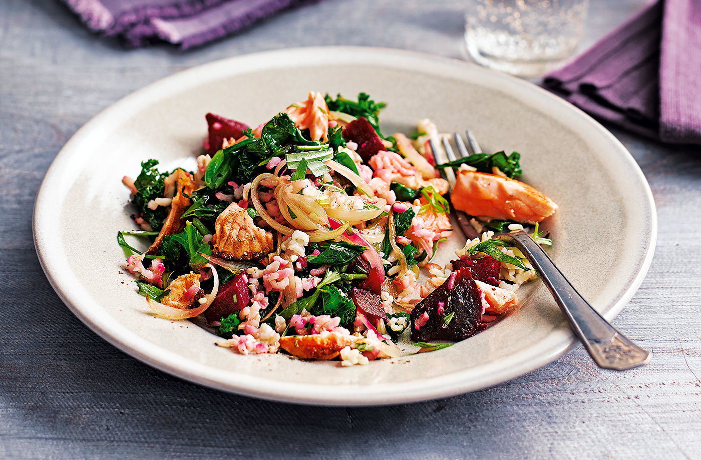 Salmon, beetroot and baby greens pilaf