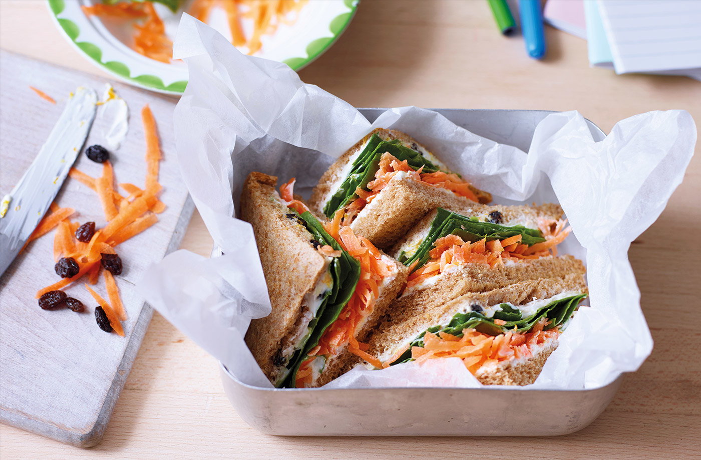 Carrot, raisin and cream cheese sandwich