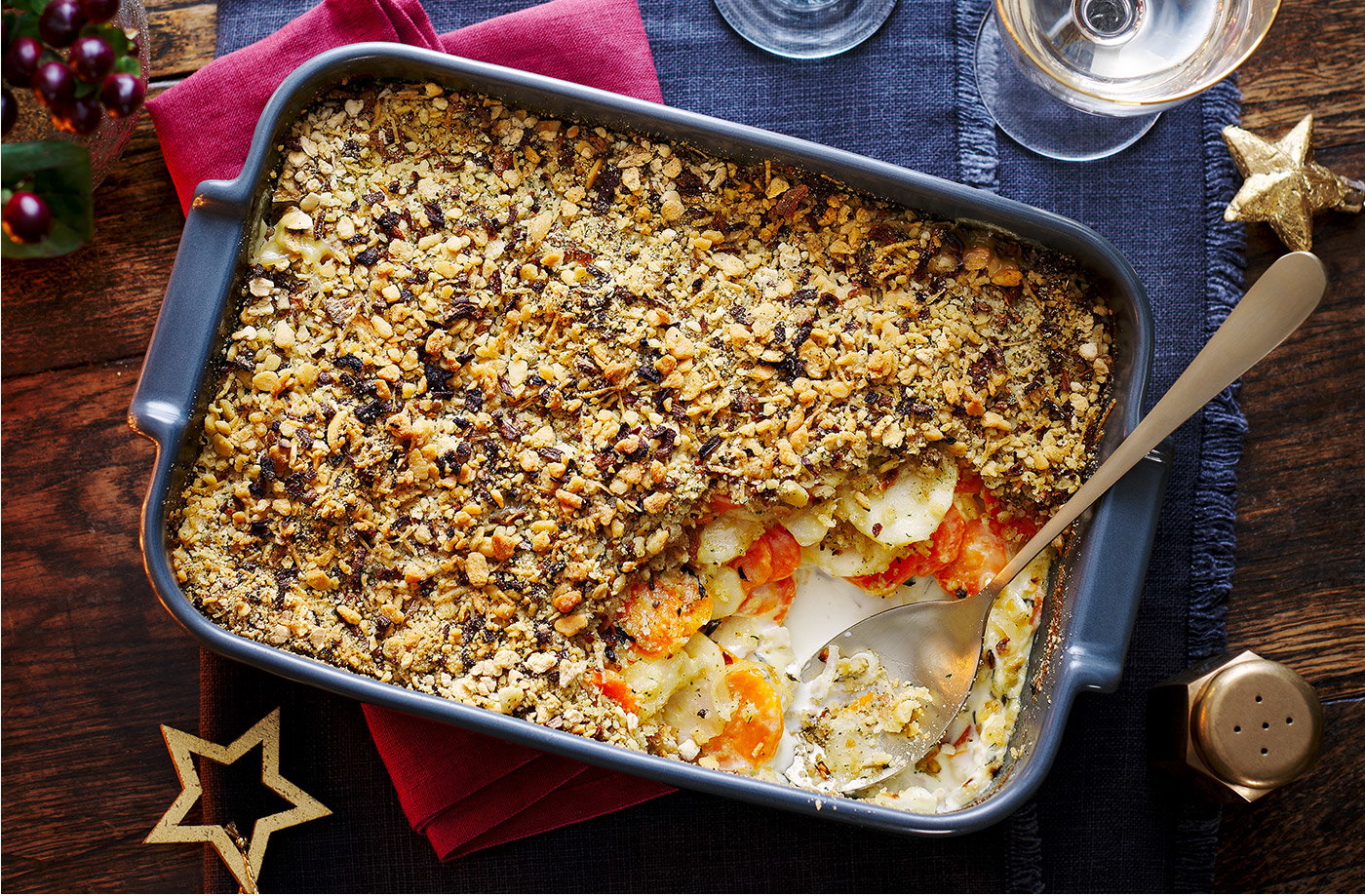 Carrot and parsnip gratin with stuffing top
