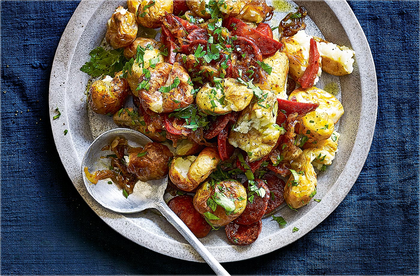 Smashed potatoes with chorizo