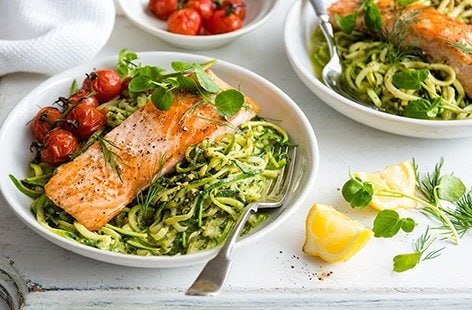 Image of "Salmon and courgetti with watercress and dill pesto"