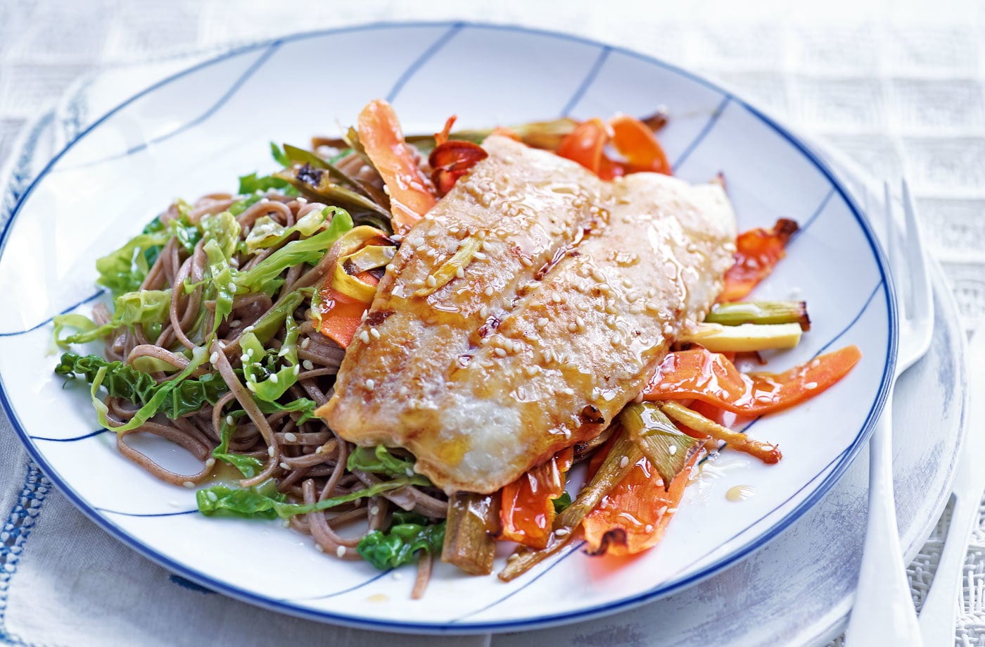 Miso fish with sesame noodles and greens