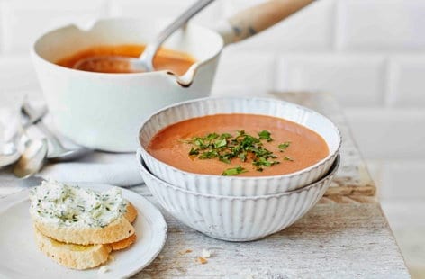 Image of "Beetroot, cumin and carrot soup with goat's cheese toasts"